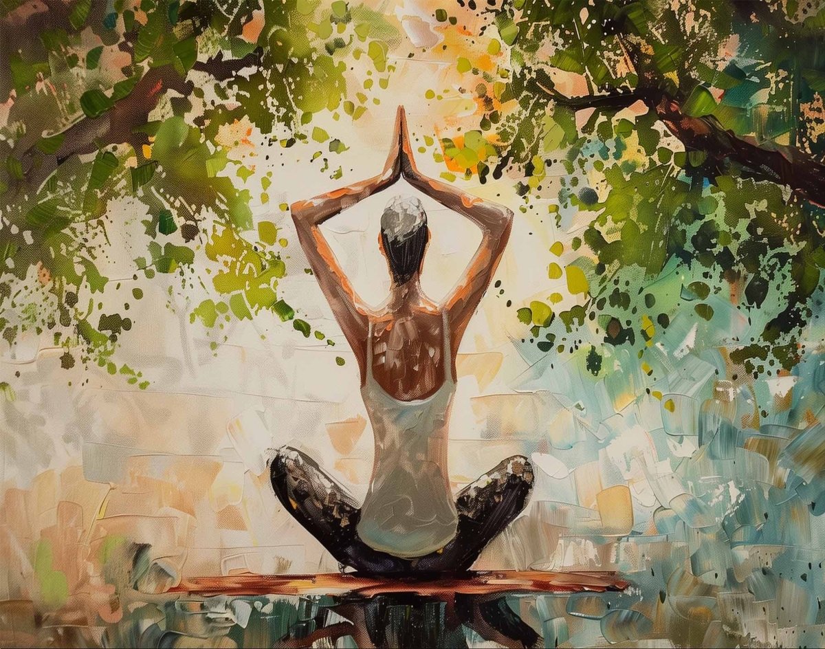 Yoga: Breathing with the Leaves Canvas Wall Painting (36 x 24 Inches)