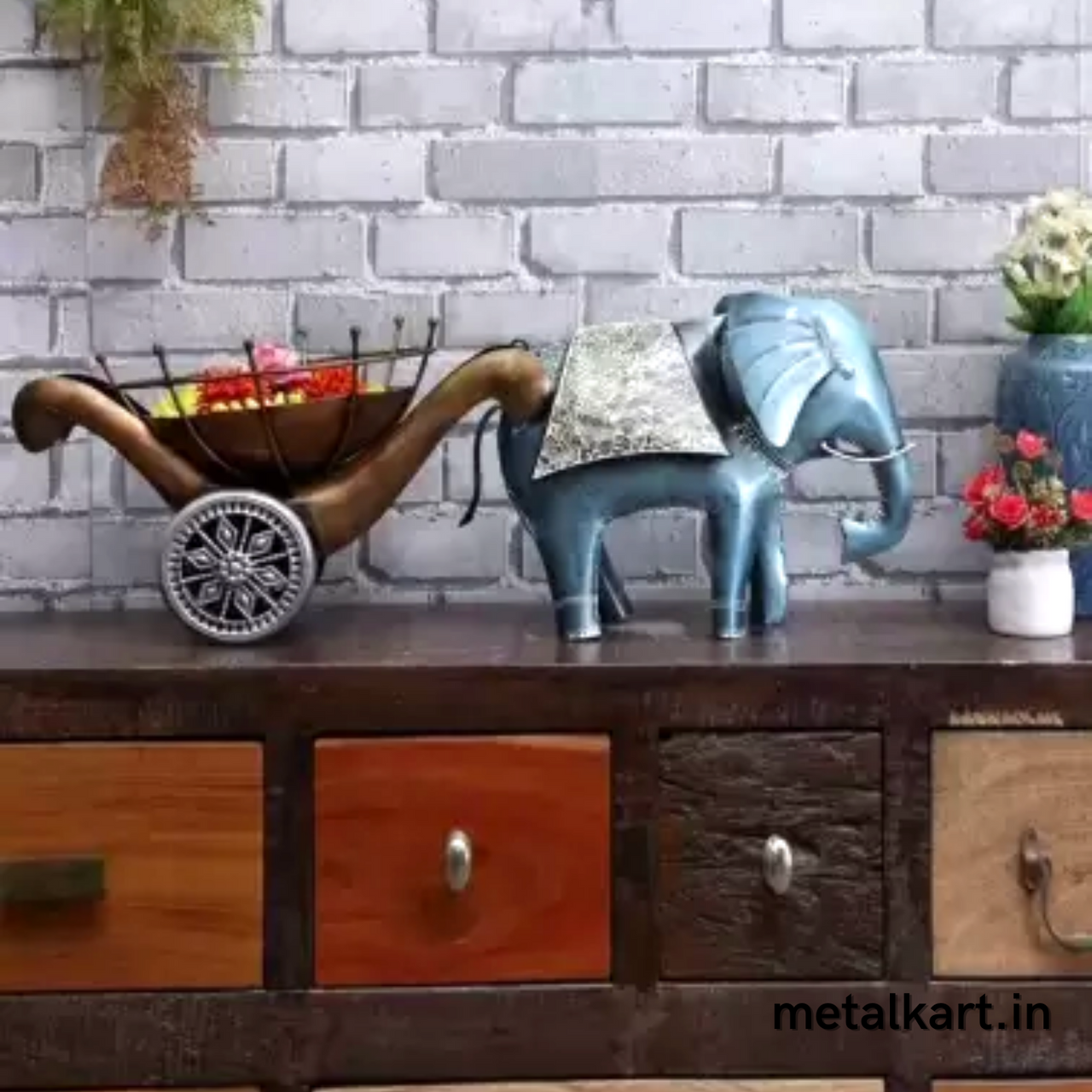 Metallic Blue Elephant Trolly For living room (22*18*04 Inches)