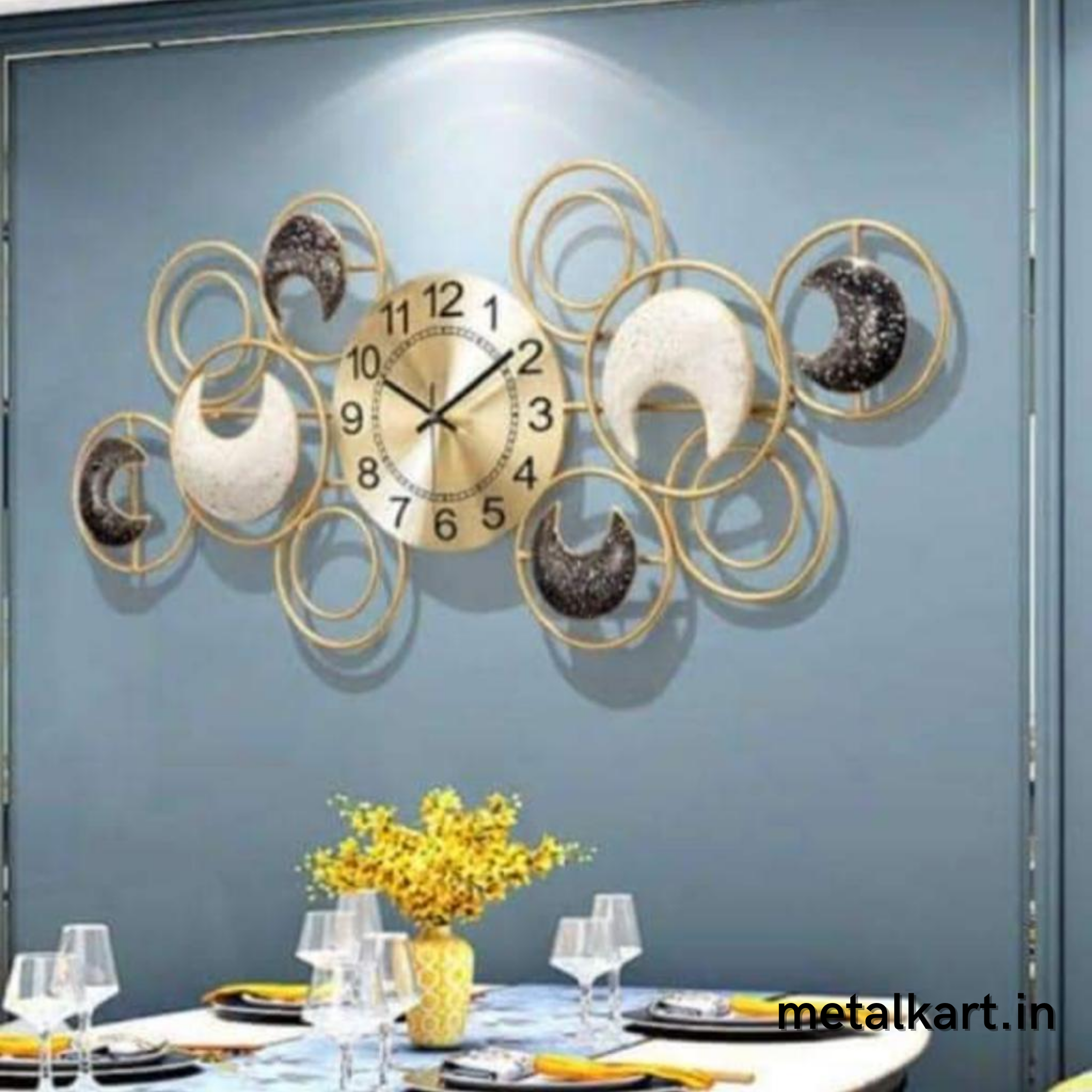 6 Moons Designer Wall Clock (47 x 22.5 Inches Approx) - Punam Metalcrafts