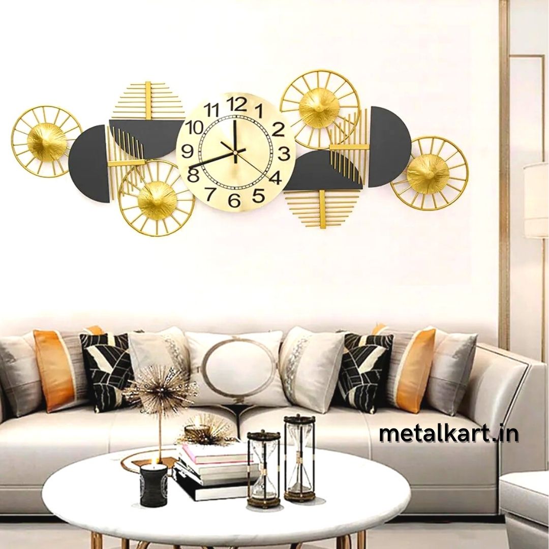8 Circles Metallic Wall art with clock (48 x 20 Inches)