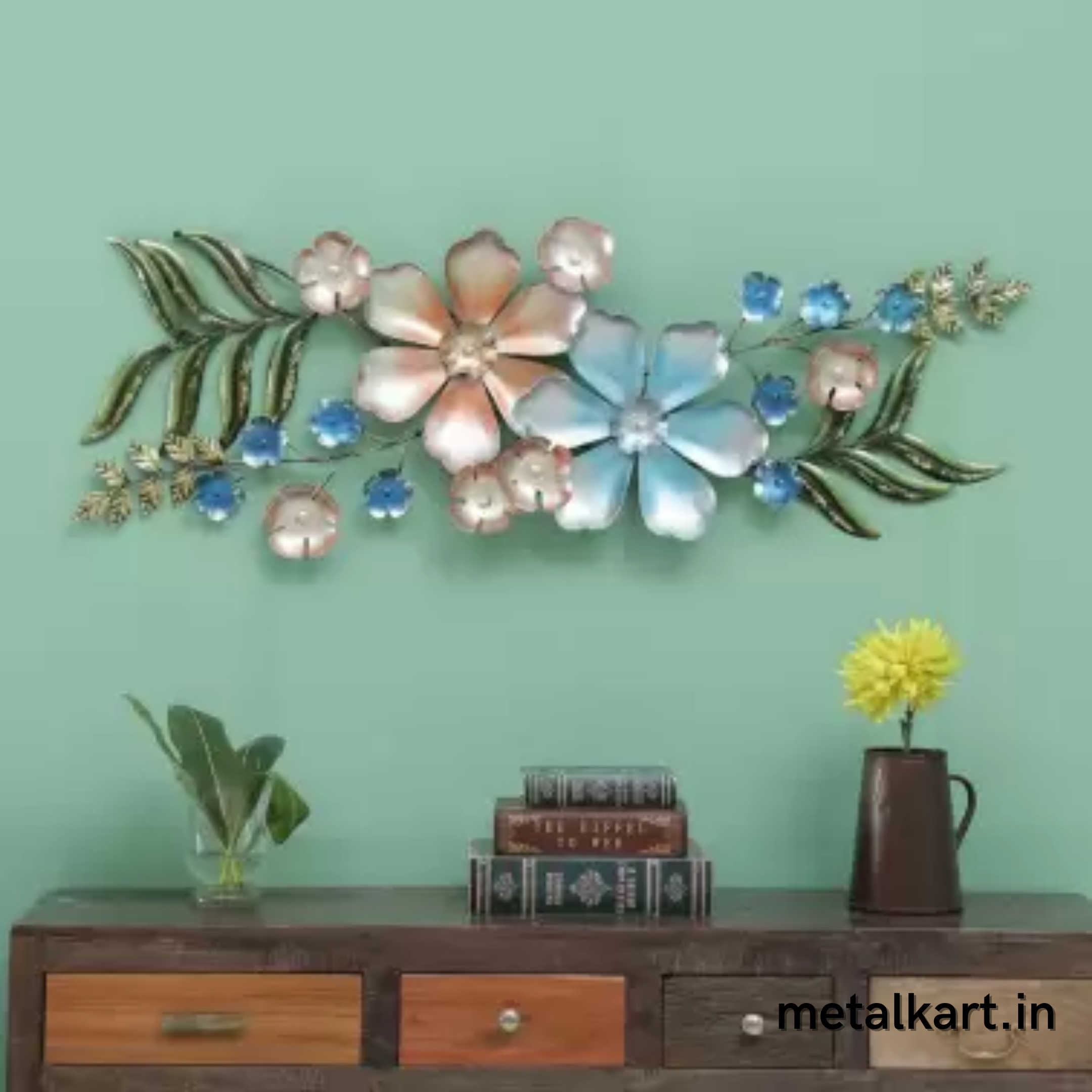 Metallic Sparkling Rhinestone Flowers Wall Hanging (51 x 16 Inches)