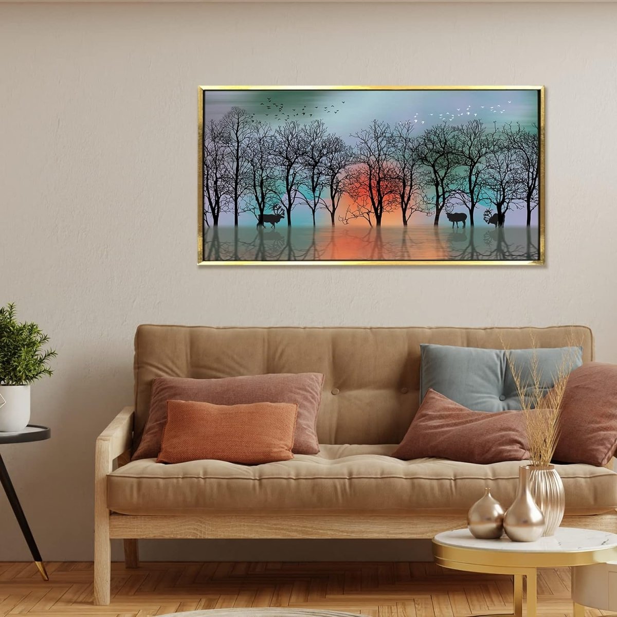 A Deerly Refuge in Woodland Framed Canvas Wall Art (36 x 18 Inches)