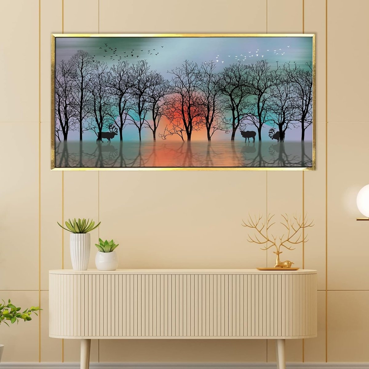 A Deerly Refuge in Woodland Framed Canvas Wall Art (36 x 18 Inches)