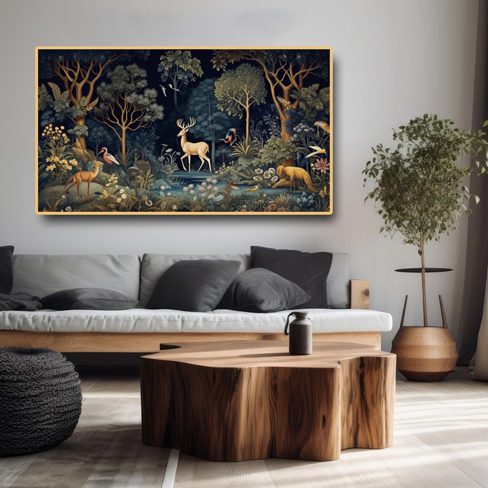 A Night Assembly at Jungle Canvas Painting with Blossoming night Flowers (48x24 Inches)