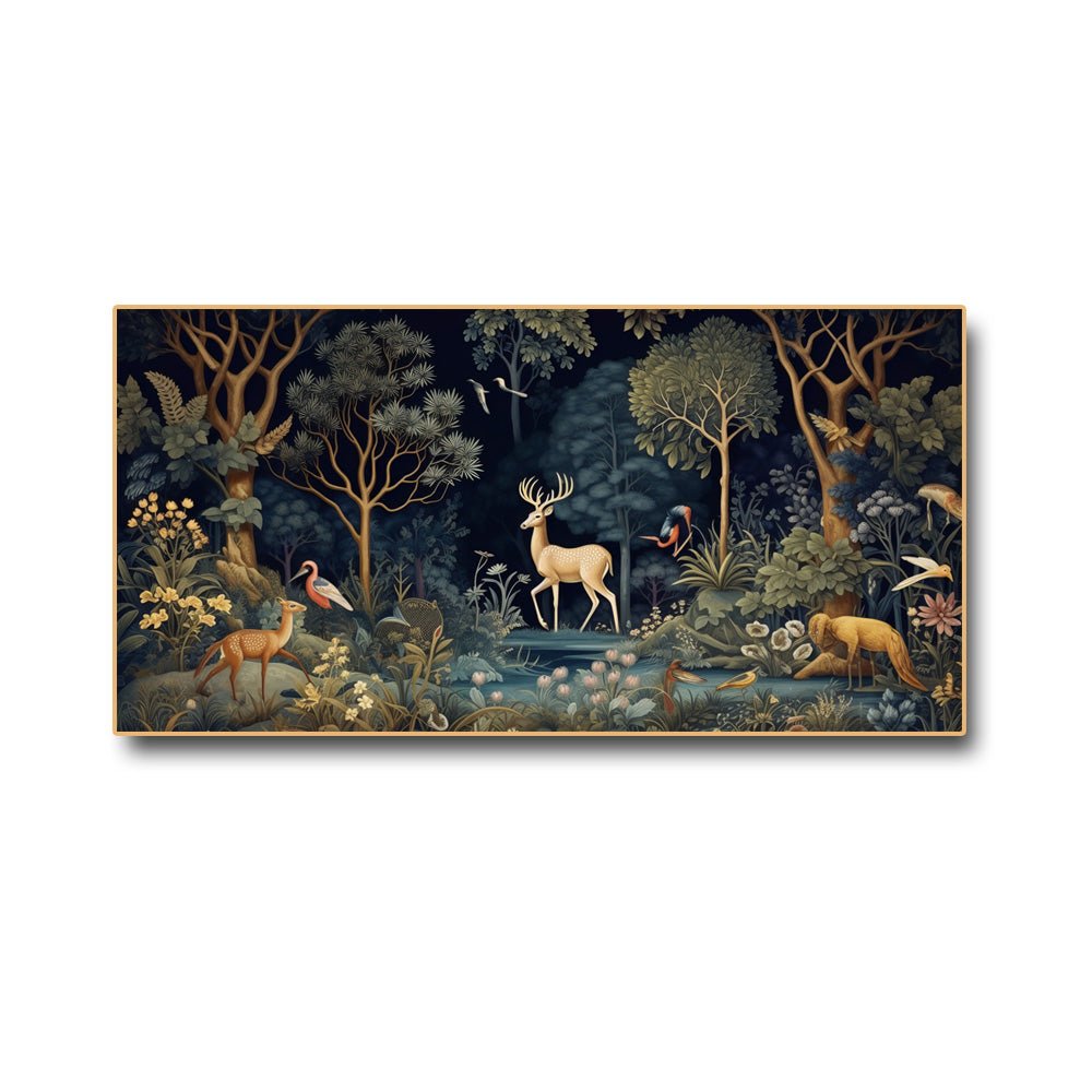 A Night Assembly at Jungle Canvas Painting with Blossoming night Flowers (48x24 Inches)