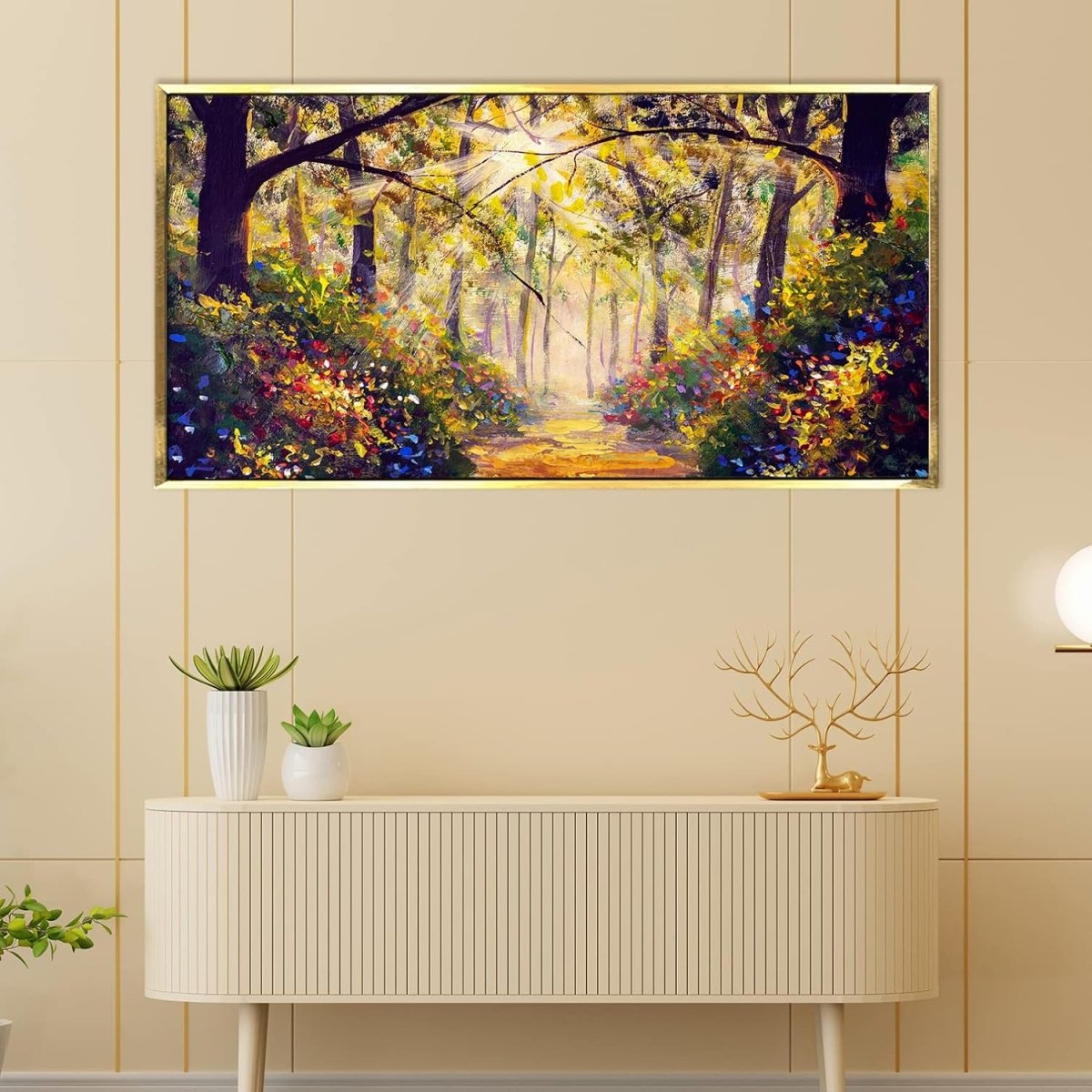 A Sunlit Path in Forest Canvas Wall Art (36 x 18 Inches)