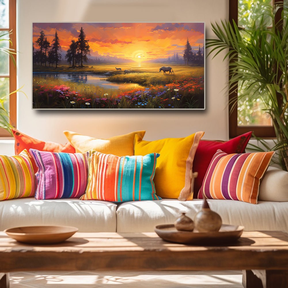 Beautiful Flowery Sunrise at the Meadows Canvas Wall Art (48 x 24 Inches)