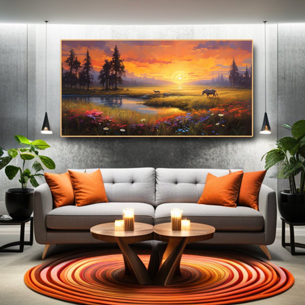 Beautiful Flowery Sunrise at the Meadows Canvas Wall Art (48 x 24 Inches)