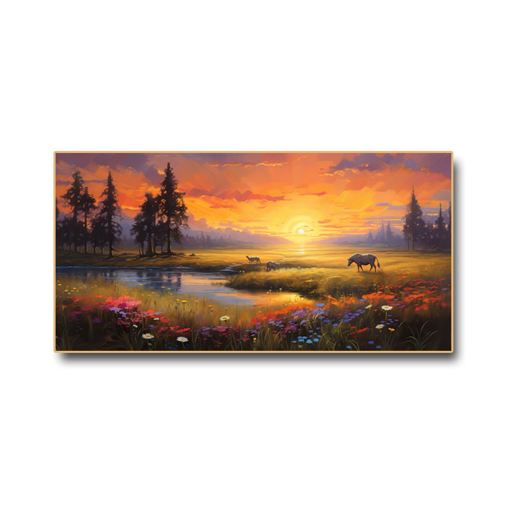 Beautiful Flowery Sunrise at the Meadows Canvas Wall Art (48 x 24 Inches)