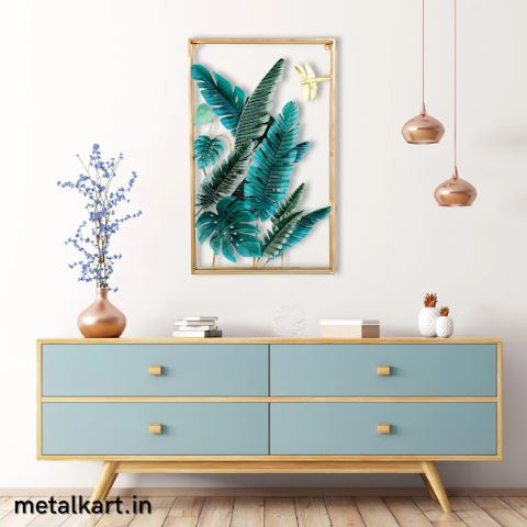 Blue Monstera Metallic Wall Accent (24 x 48 Inches)
