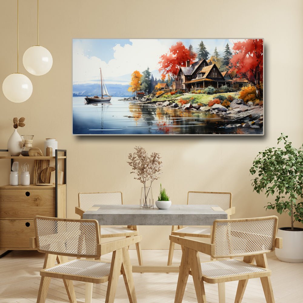 Boat in Lake passing a scenic location with blooming flowers(48 x 24 Inches)