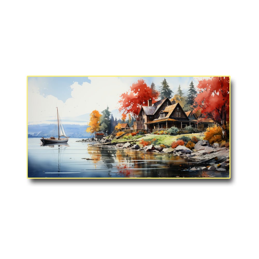 Boat in Lake passing a scenic location with blooming flowers(48 x 24 Inches)