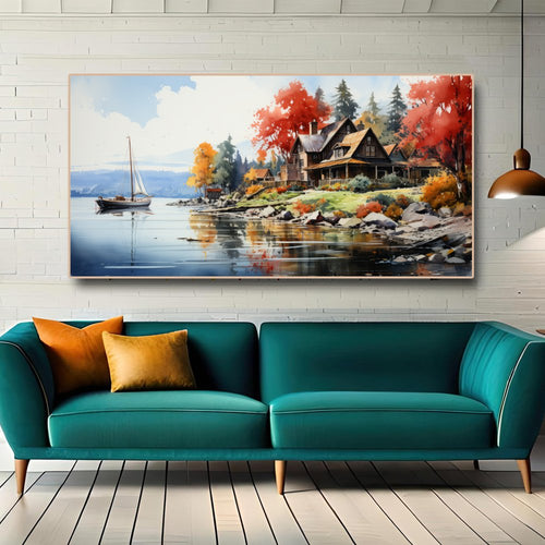Boat in Lake passing a scenic location with blooming flowers(48 x 24 Inches)