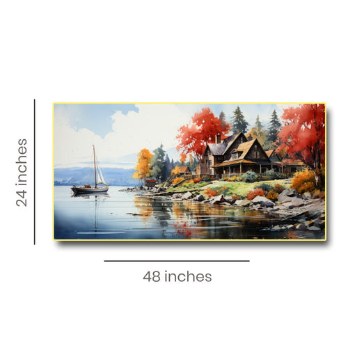 Boat in Lake passing a scenic location with blooming flowers(48 x 24 Inches)