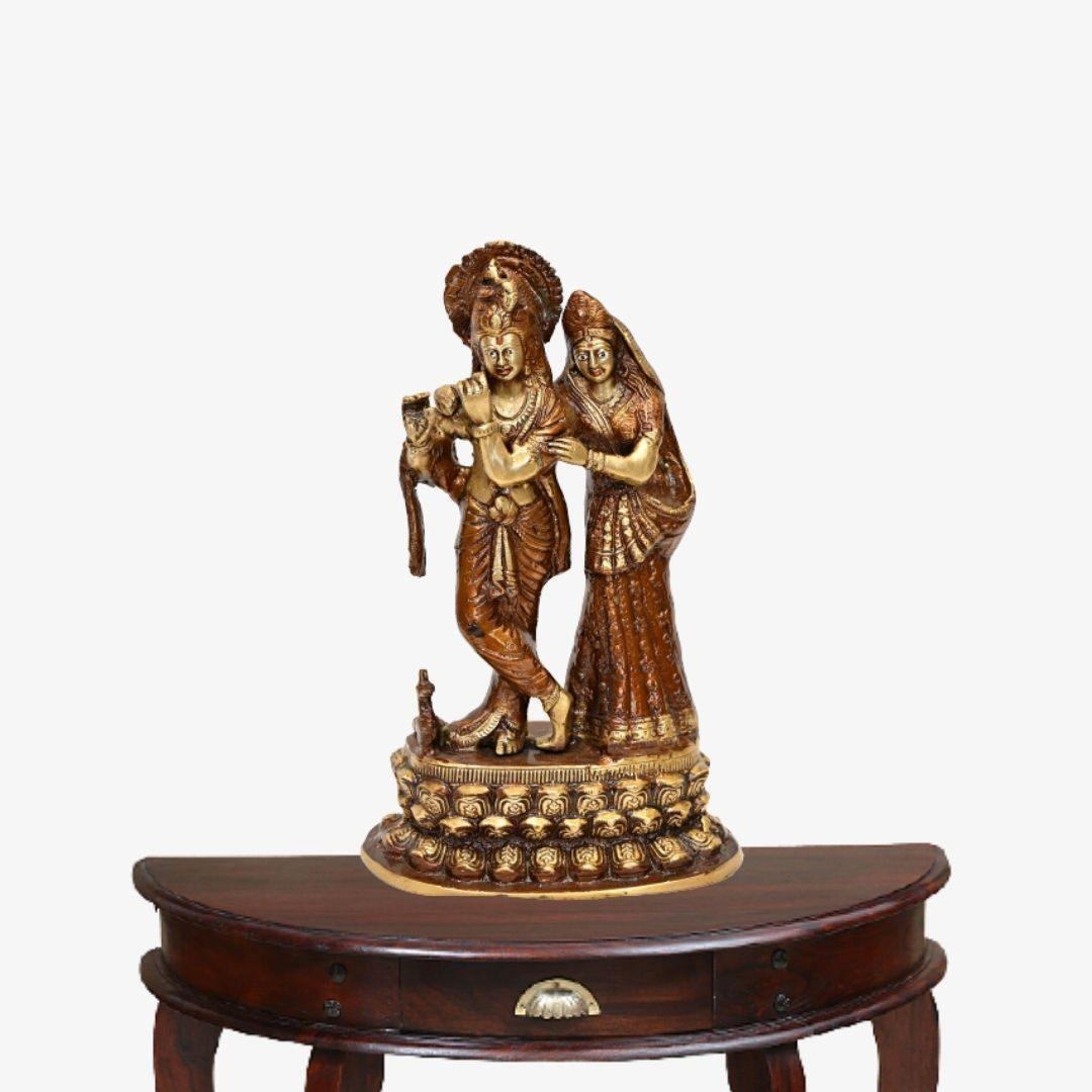 Brass Radha Krishna (Gerua, H 13 Inches, Weight 4.25 Kg)