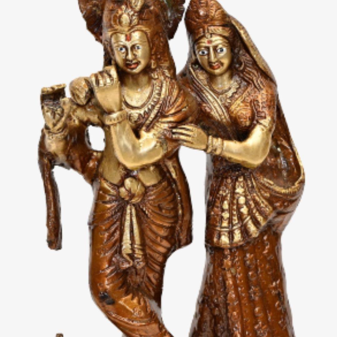 Brass Radha Krishna (Gerua, H 13 Inches, Weight 4.25 Kg)