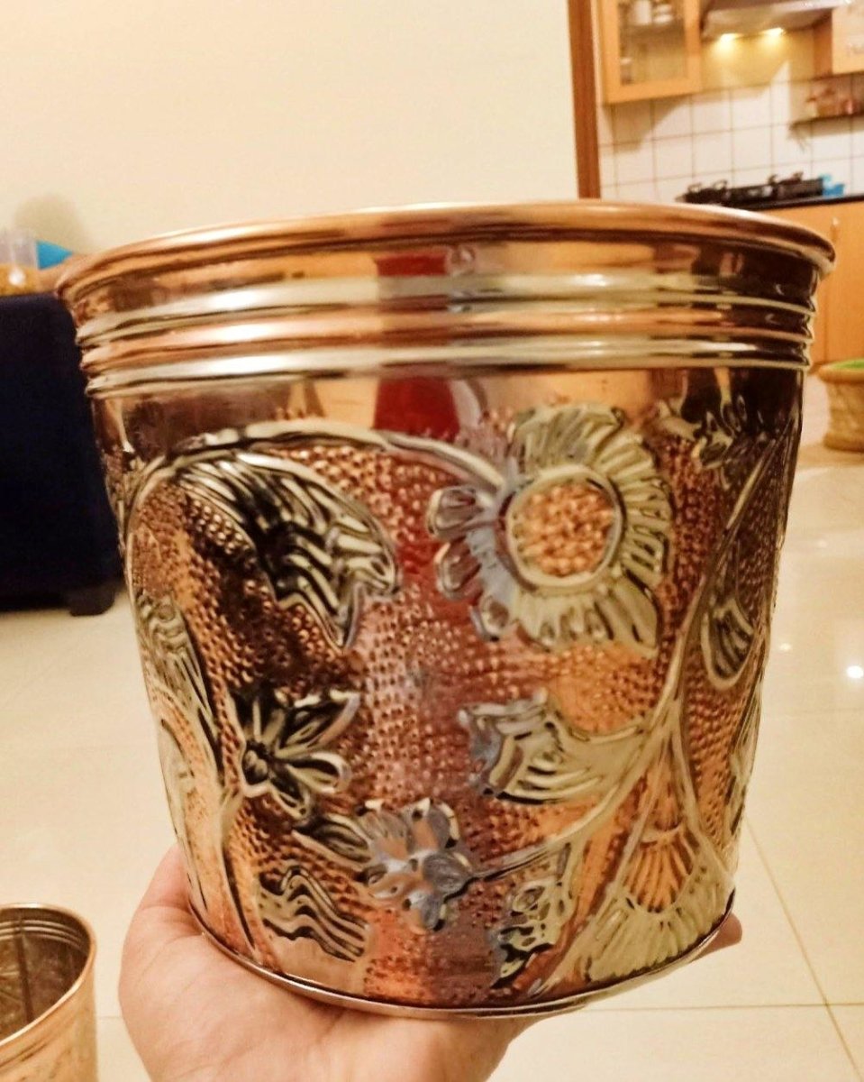 Copper Color Embossed Brass Planter (H 8 Inch, Dia 10 Inch)