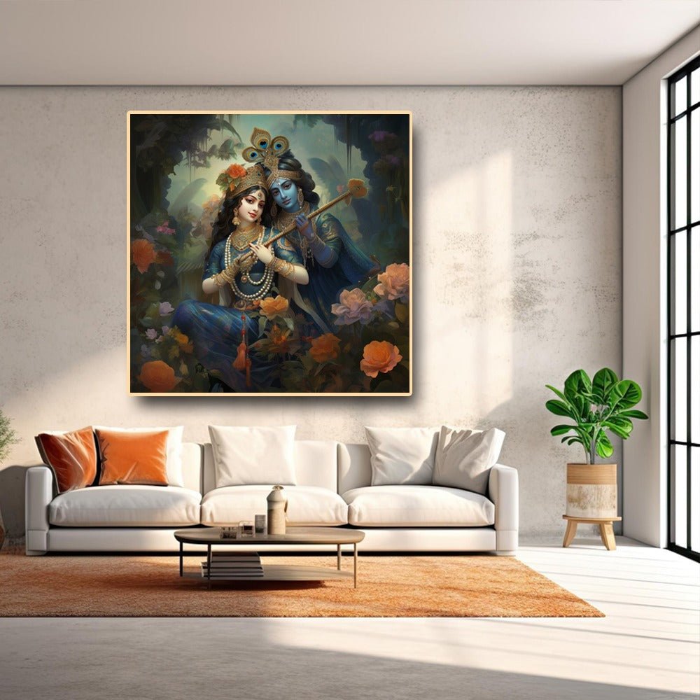 Eternal Harmony: Radha Krishna's Divine Melody Canvas Wall Art (36 x 36 Inches)