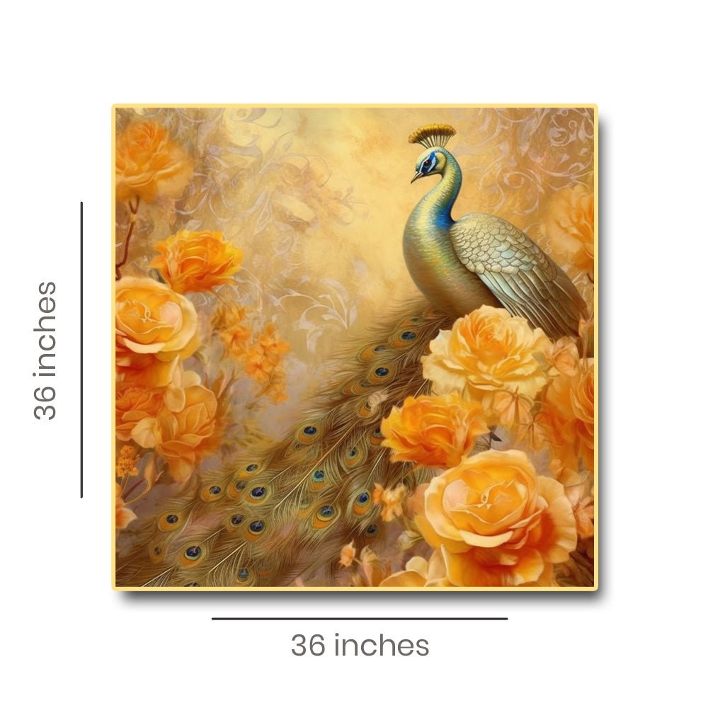 Gilded Beauty Canvas Painting of a Golden Peacock Amidst a Bed of Golden Roses (36 x 36 Inches)