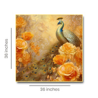 Thumbnail for Gilded Beauty Canvas Painting of a Golden Peacock Amidst a Bed of Golden Roses (36 x 36 Inches)