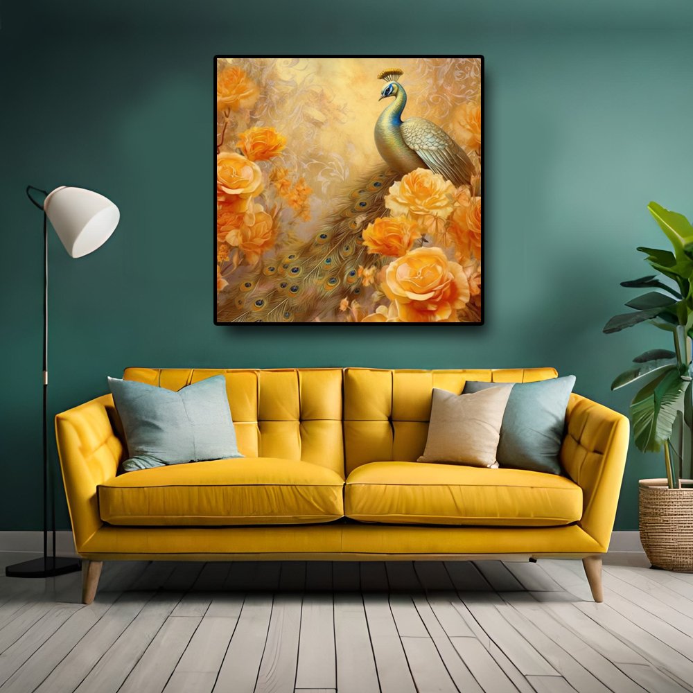 Gilded Beauty Canvas Painting of a Golden Peacock Amidst a Bed of Golden Roses (36 x 36 Inches)