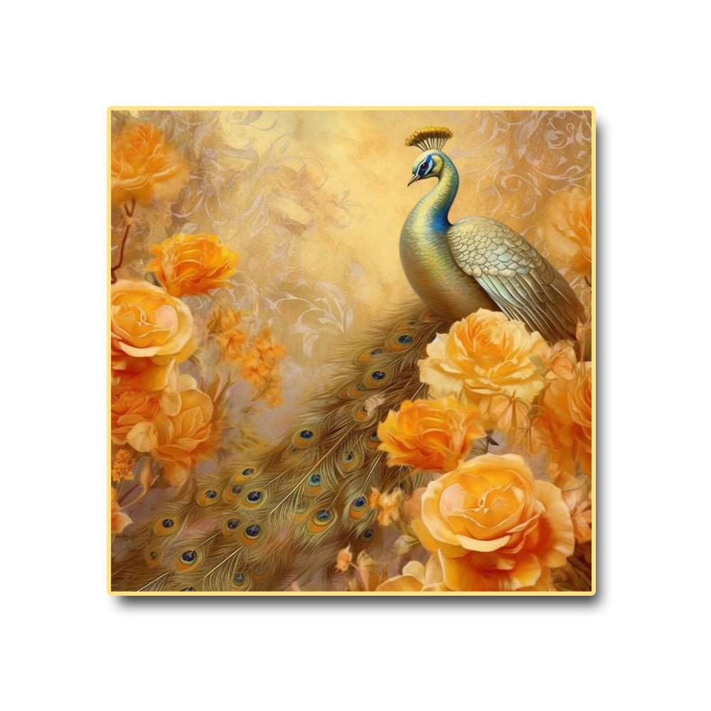 Gilded Beauty Canvas Painting of a Golden Peacock Amidst a Bed of Golden Roses (36 x 36 Inches)
