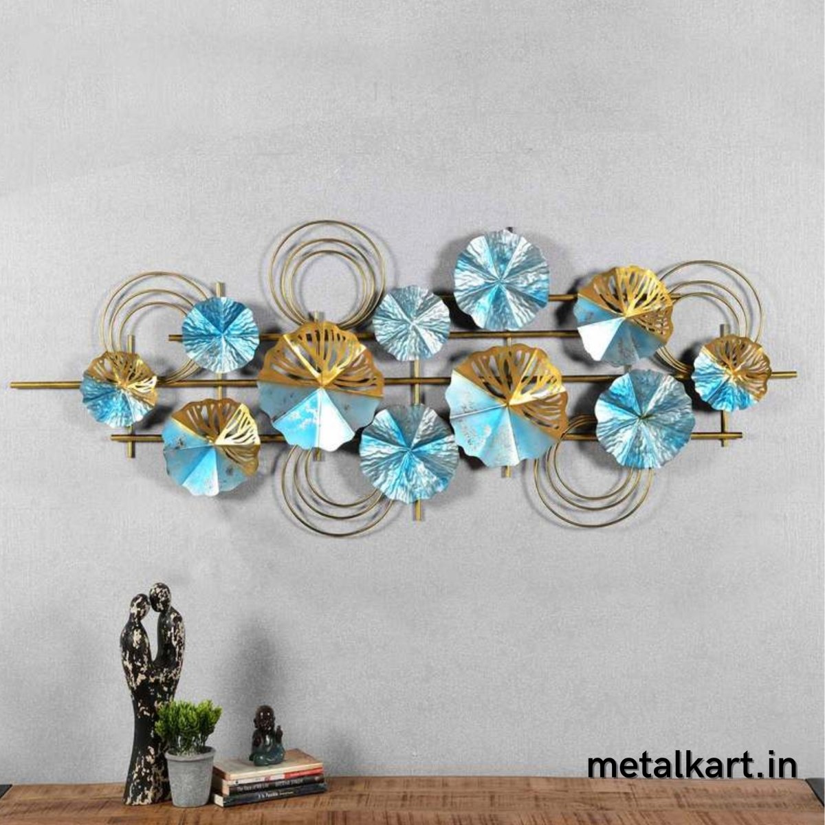 Handcrafted Blue Gold Circular Metallic Plates (61 x 26 Inches)