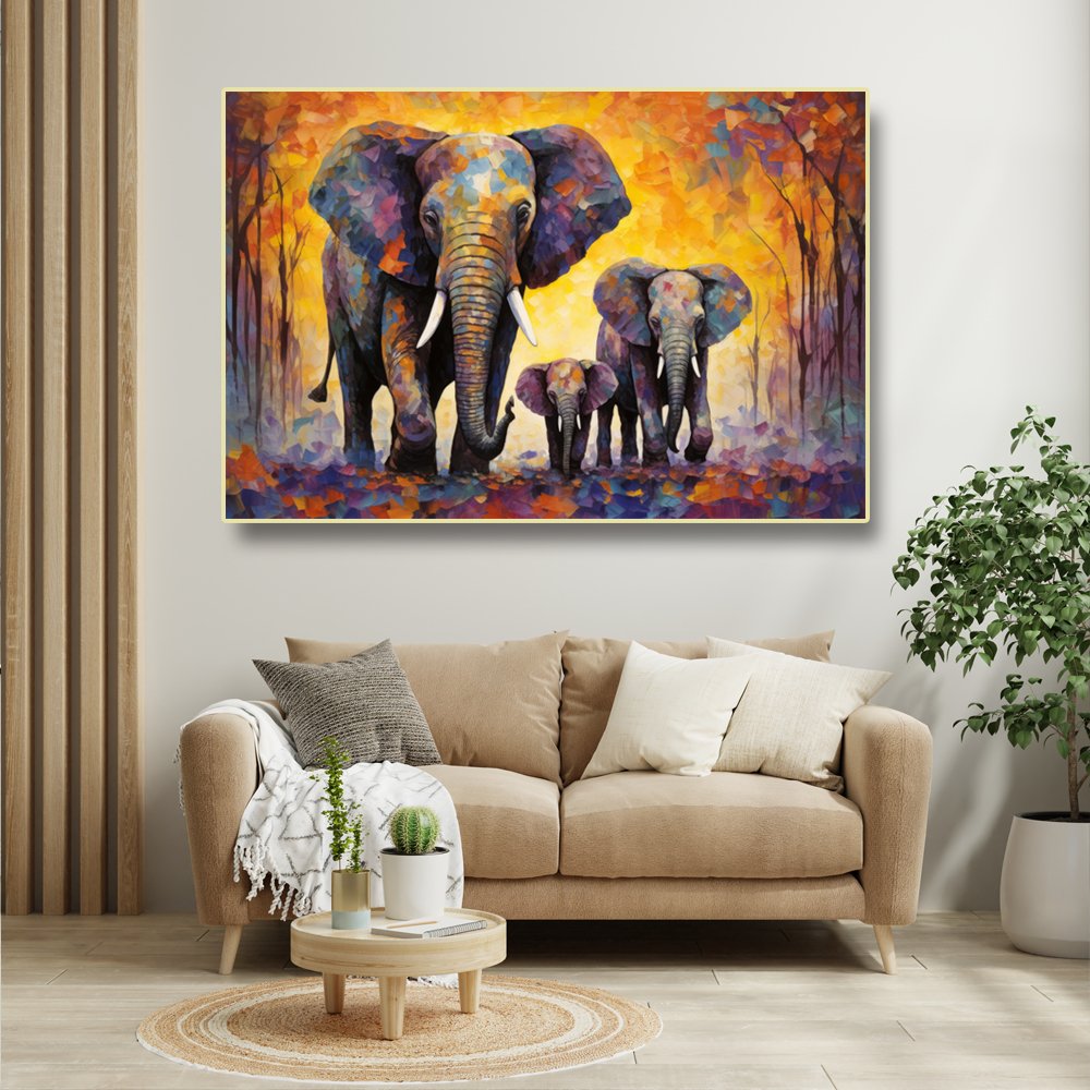 Harmonious Trio Canvas Painting of Three Beautiful Elephants in Sync (36 x 24 Inches)