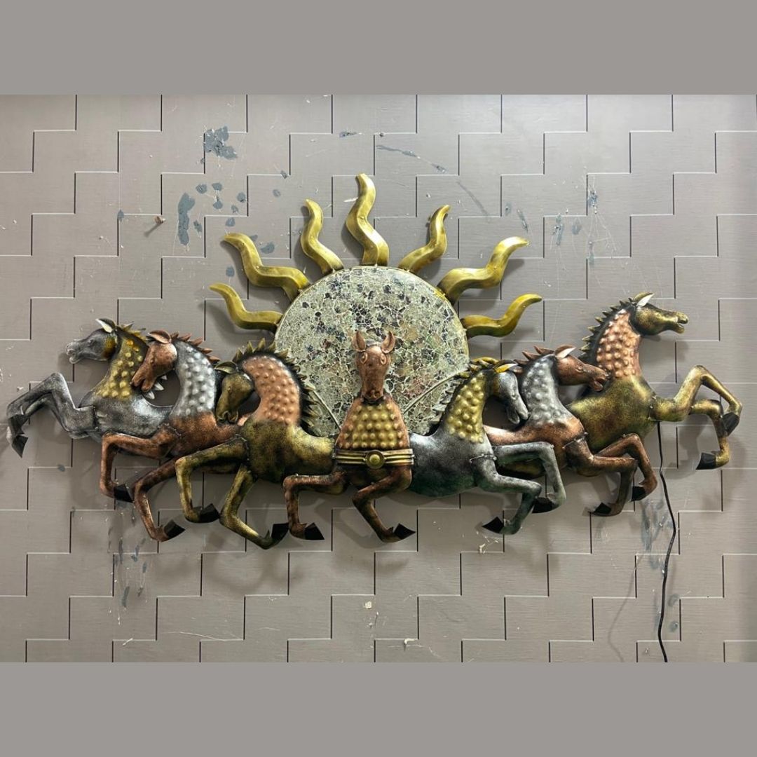 Iron painted 7 horse with sun wall hanging with led (57 x 33 Inches)