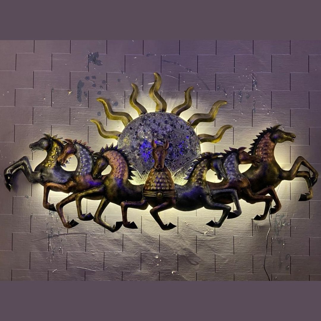 Iron painted 7 horse with sun wall hanging with led (57 x 33 Inches)