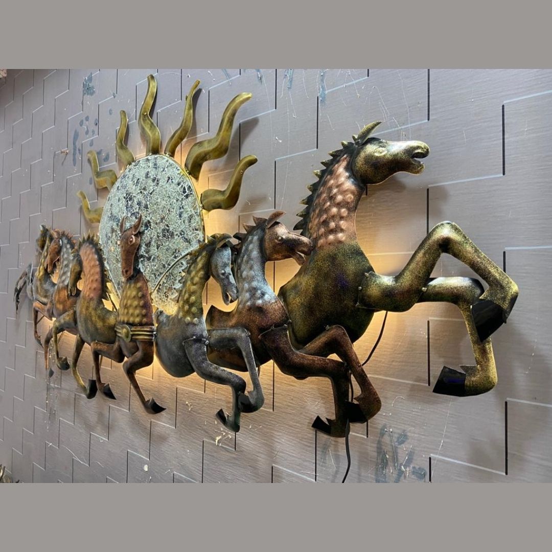 Iron painted 7 horse with sun wall hanging with led (57 x 33 Inches)