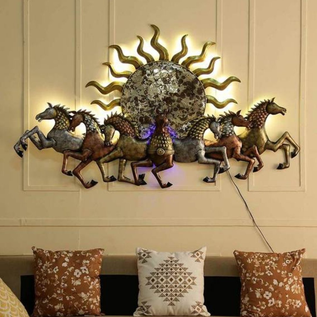 Iron painted 7 horse with sun wall hanging with led (57 x 33 Inches)