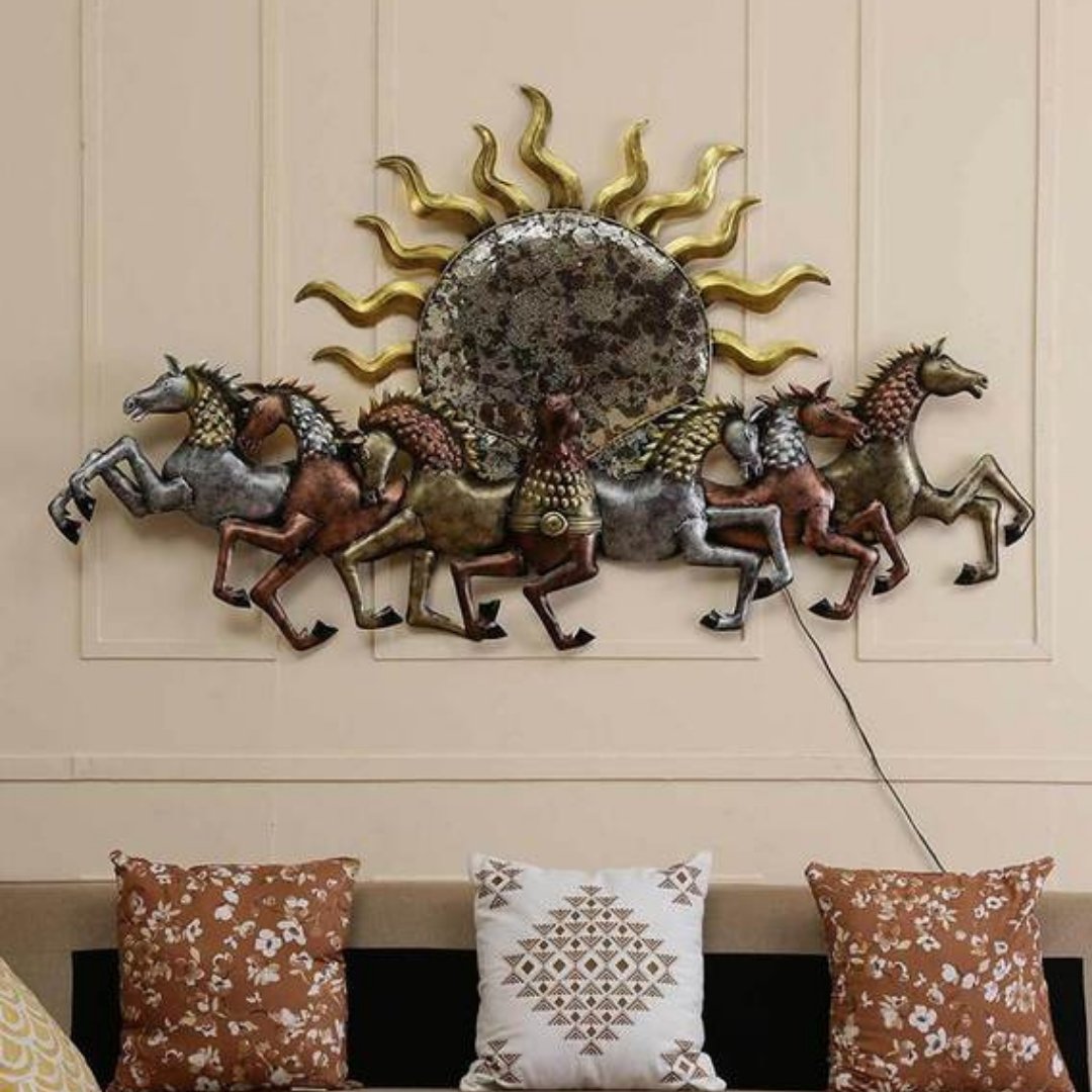 Iron painted 7 horse with sun wall hanging with led (57 x 33 Inches)