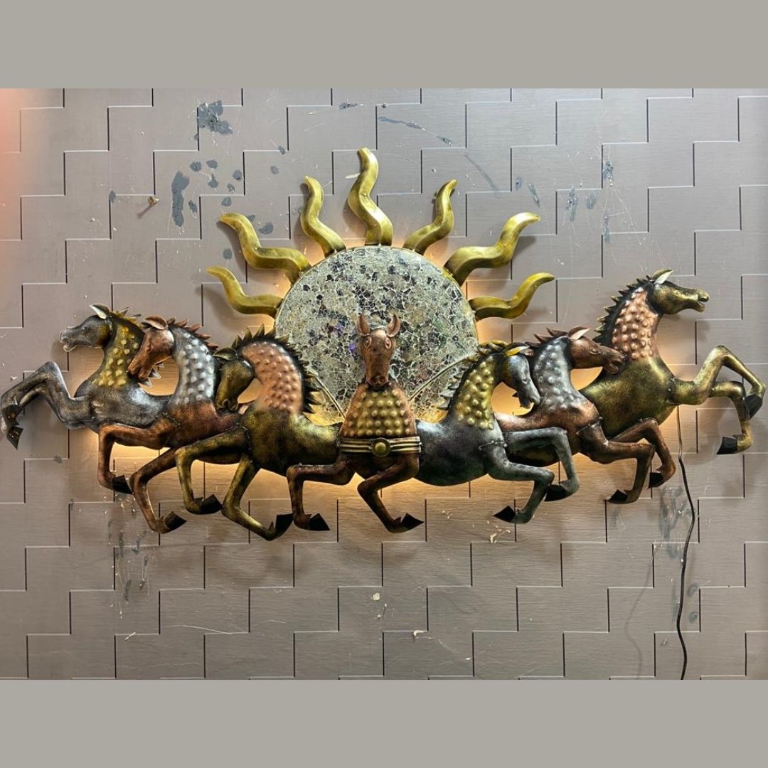 Iron painted 7 horse with sun wall hanging with led (57 x 33 Inches)