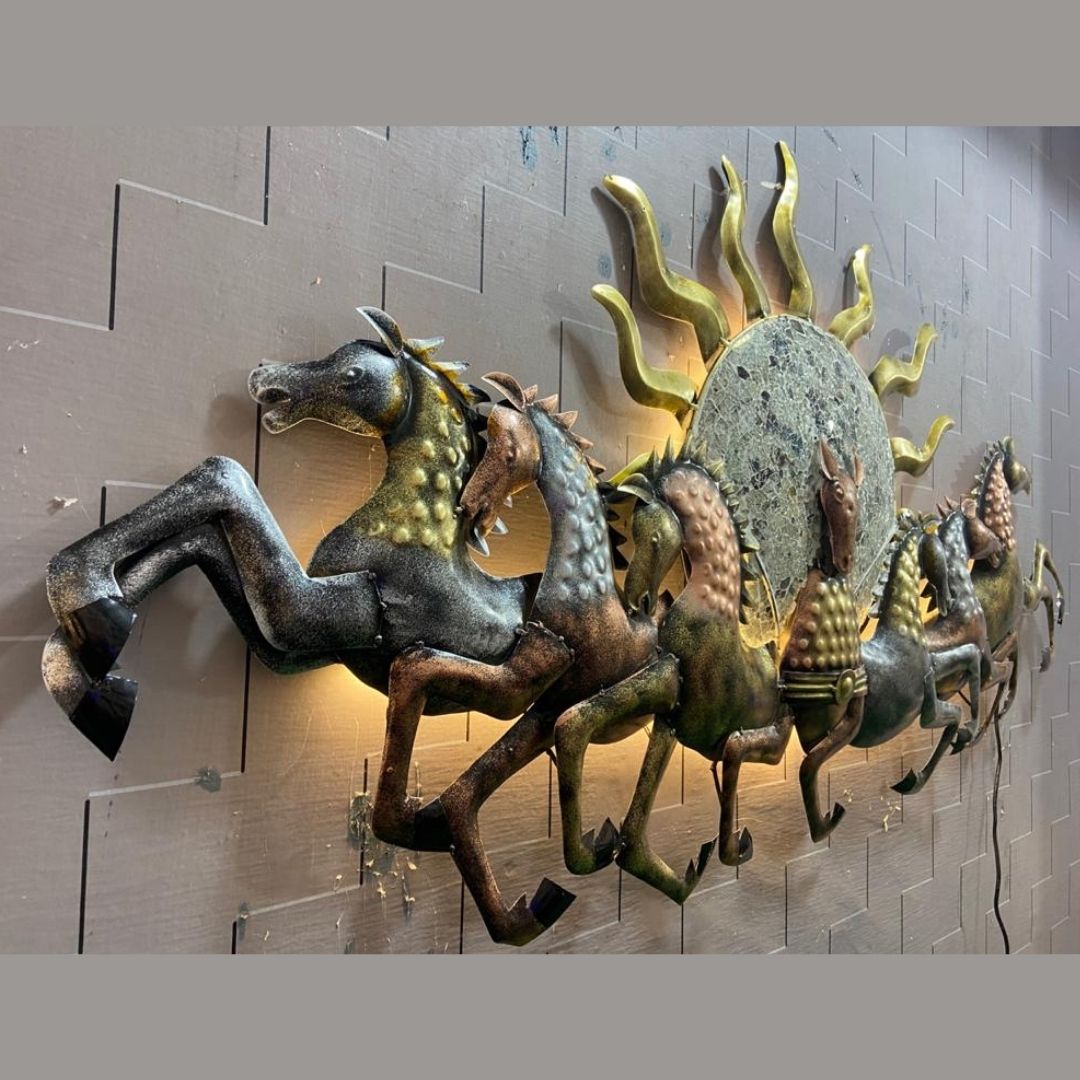 Iron painted 7 horse with sun wall hanging with led (57 x 33 Inches)