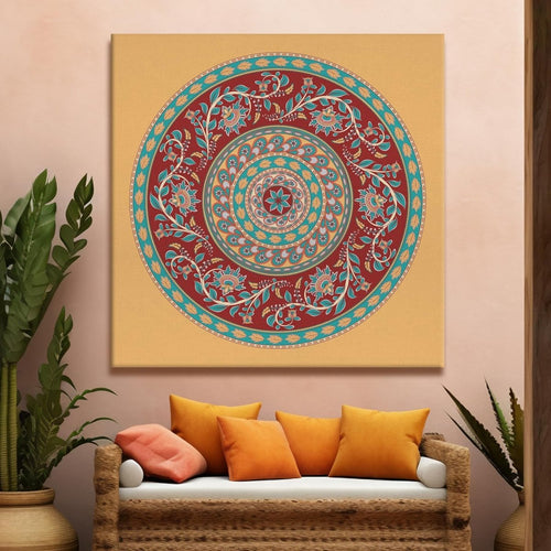 Kalamkari Mandala of Madhubani Canvas Wall Painting (36 x 36 Inches)