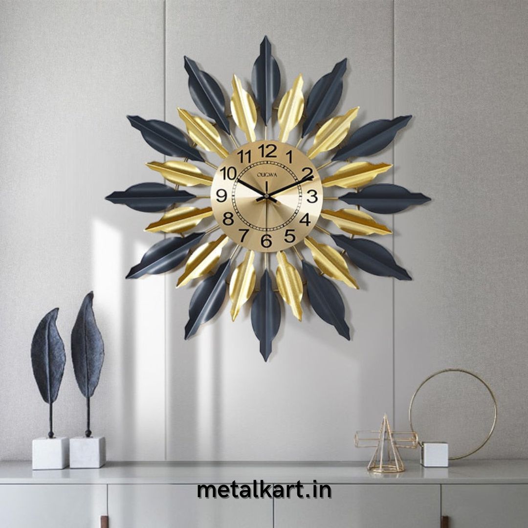 Metalkart Special Golden Black Leafy Wall Clock (24 x 24 Inches)