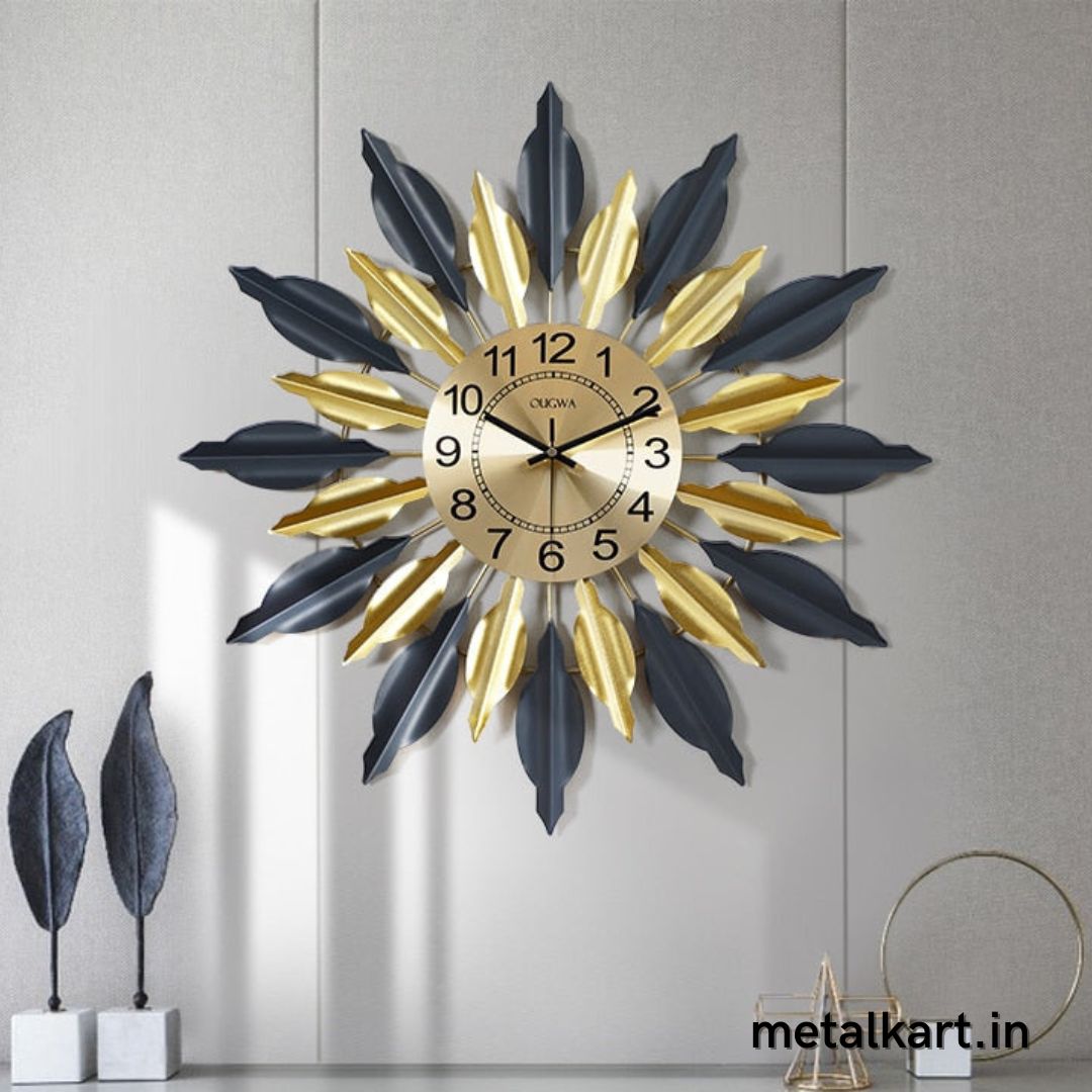 Metalkart Special Golden Black Leafy Wall Clock (24 x 24 Inches)