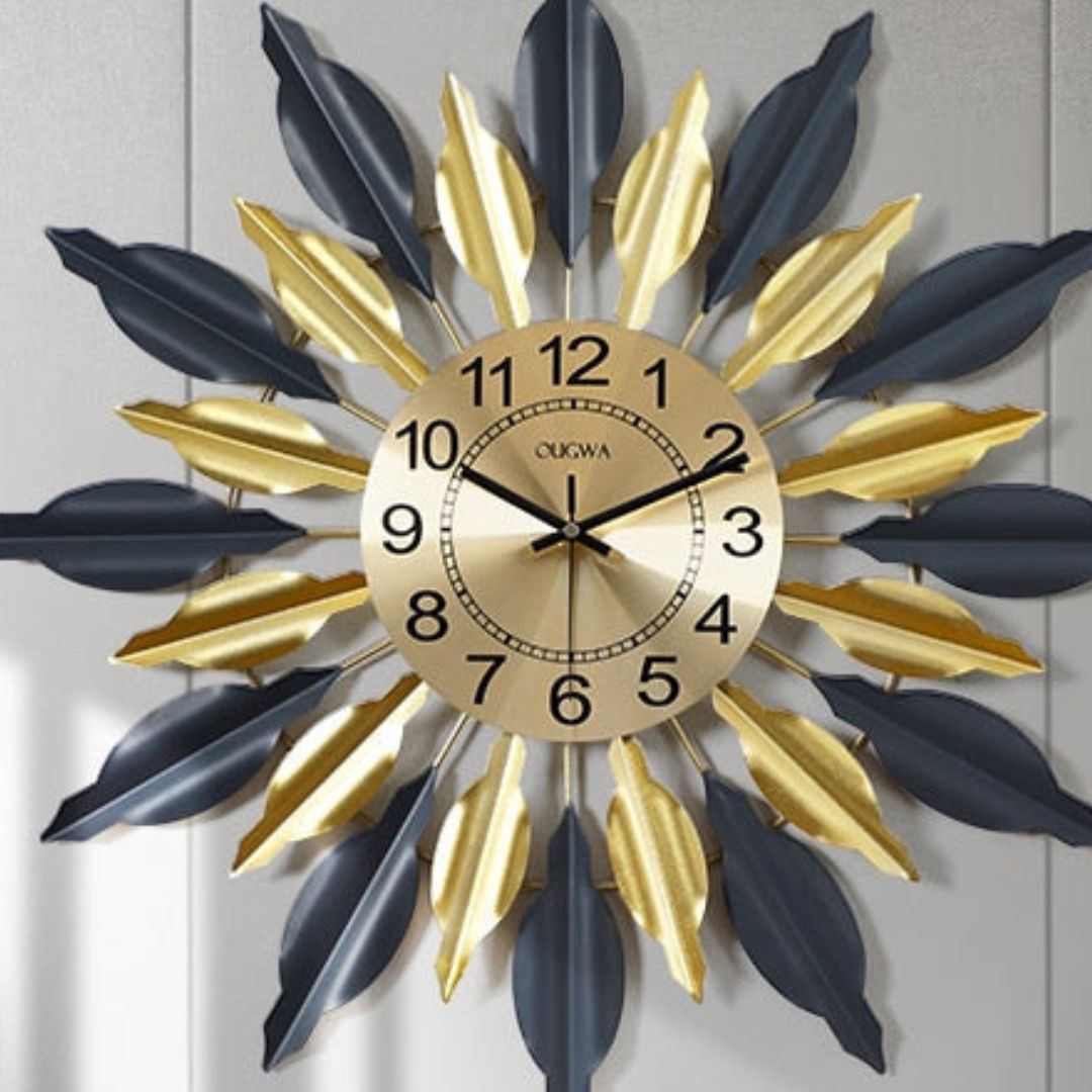 Metalkart Special Golden Black Leafy Wall Clock (24 x 24 Inches)