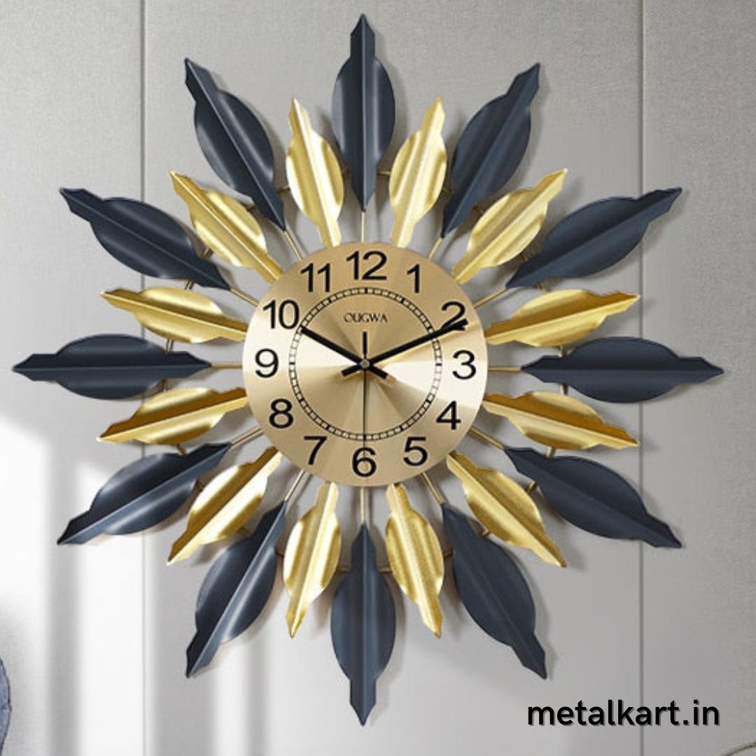 Metalkart Special Golden Black Leafy Wall Clock (24 x 24 Inches)