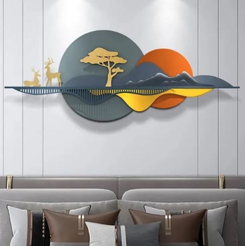 Metalkart Special Mountain Vista Nature Wall Art with Deers (52 x 20 Inches)