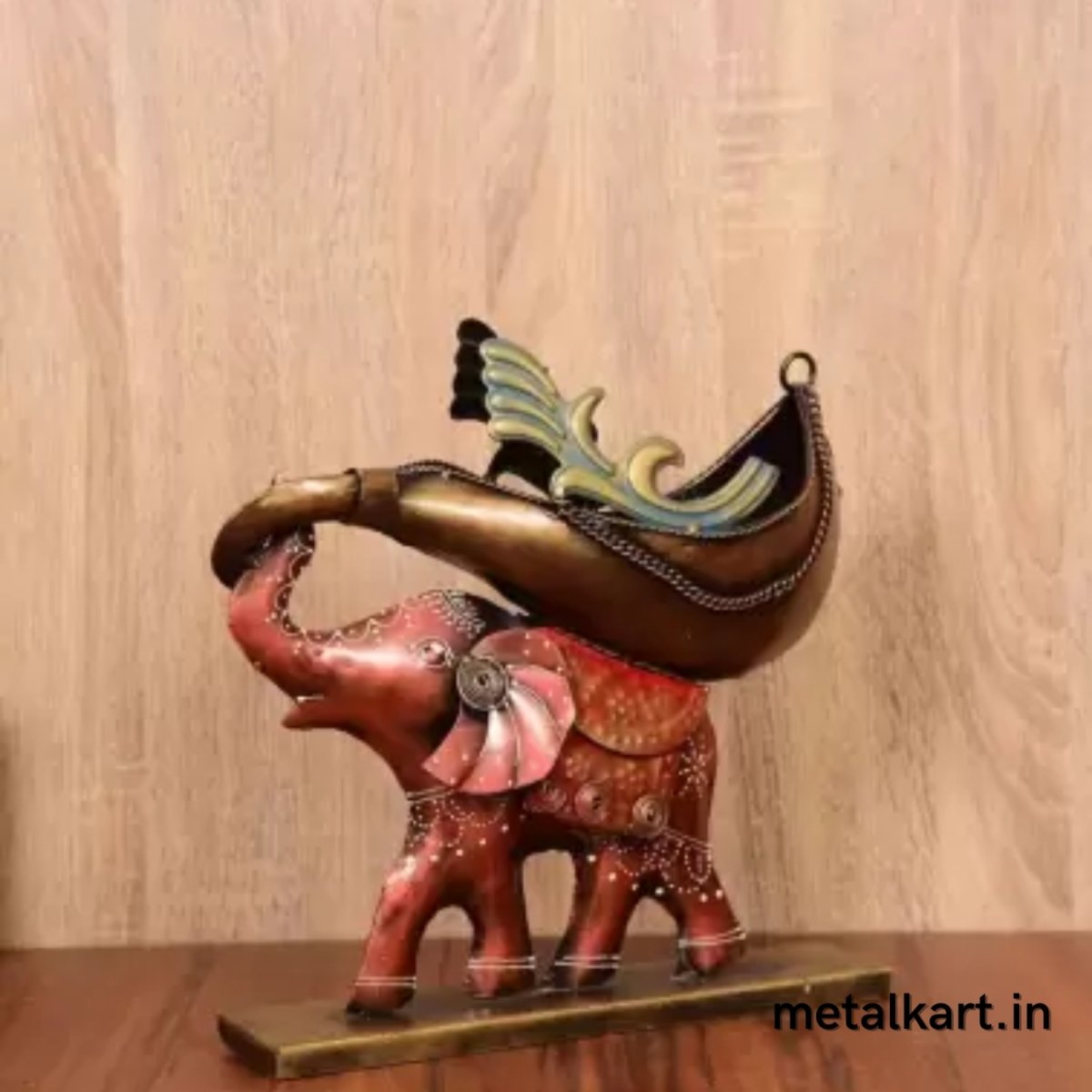 Metalkart Special Red Elephant Carrying Shankh Shaped Bottle Stand For living room (14*04*12 Inches)