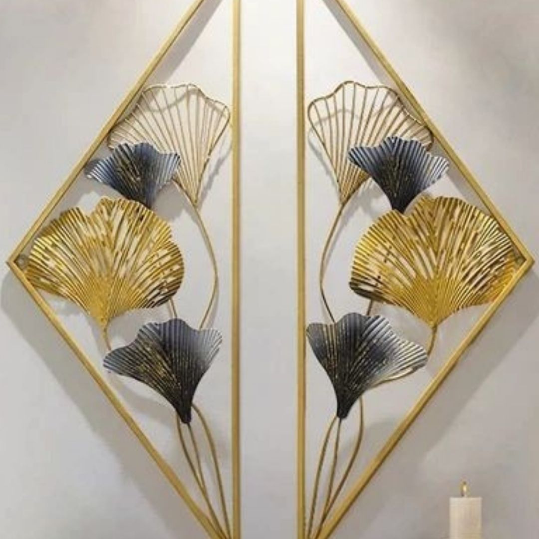 Metalkart Special Split Diamond with Leaves Wall Art (12 x 30 Inches Each)