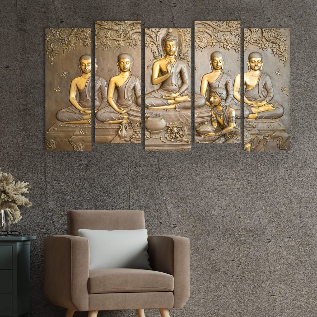 Metalkart Special Whispers of Nirvana Gautam Buddha Wall Painting (Set of 5)