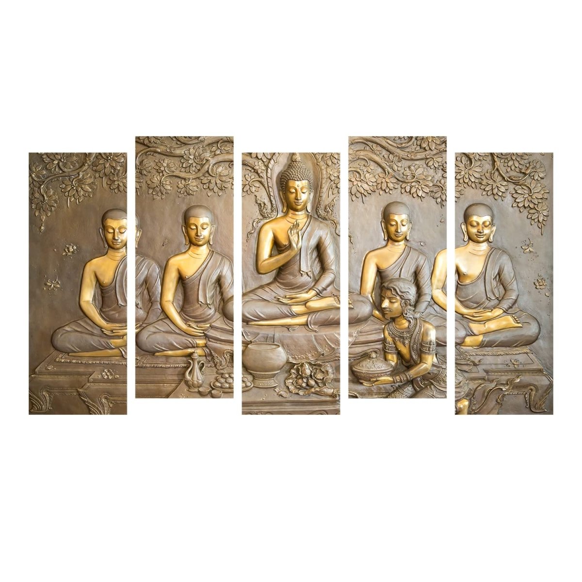 Metalkart Special Whispers of Nirvana Gautam Buddha Wall Painting (Set of 5)