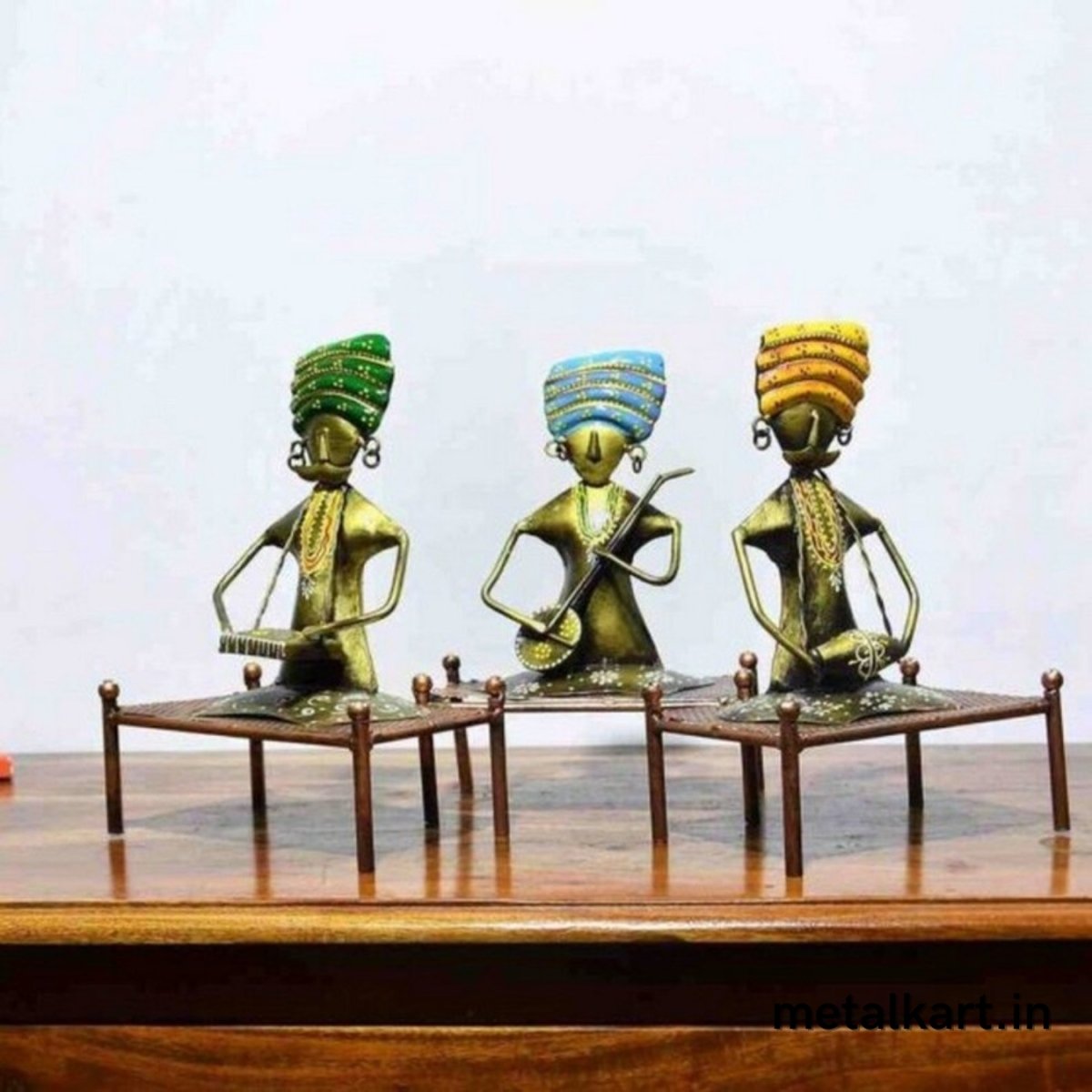 Metallic 3 Rajasthani Turbaned performers For living room (12*4.5*7 Inches)