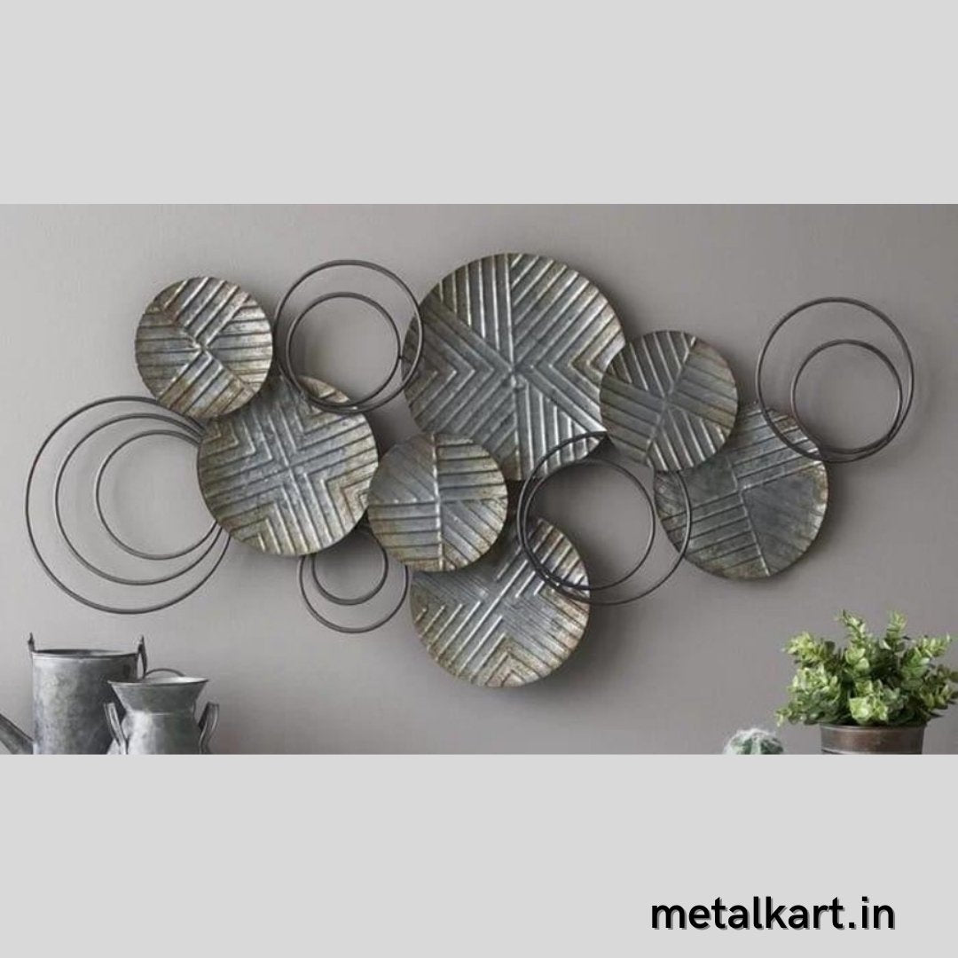 Metallic 7 antique look circular plates with rings (48 x 24 Inches)