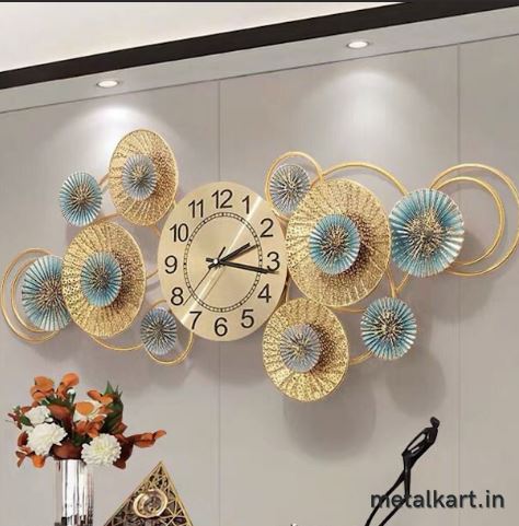 Metallic Blue Gold Multi Circle Wall Watch (48 x 18 Inches)