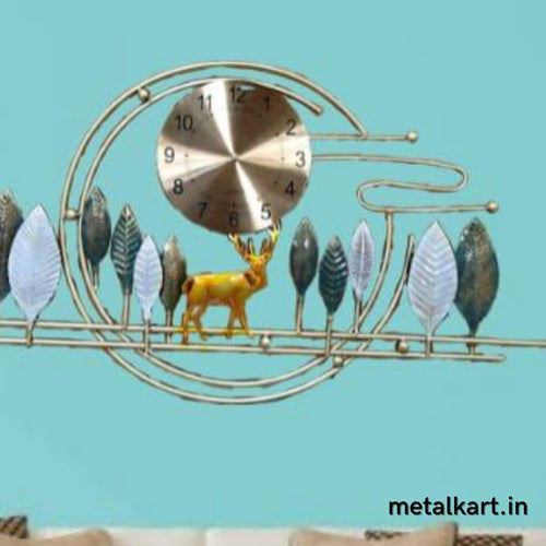 Metallic Deer wall hanging clock with Leaves (43 x 21.5 Inches)