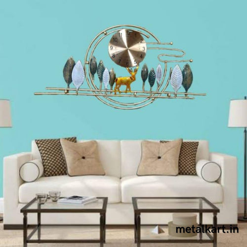 Metallic Deer wall hanging clock with Leaves (43 x 21.5 Inches)